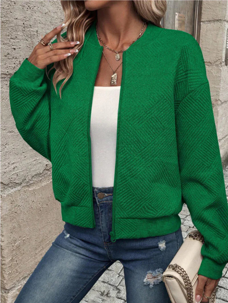 New Fashionable Plaid Zipper Round Neck Long Sleeve Jacket Women